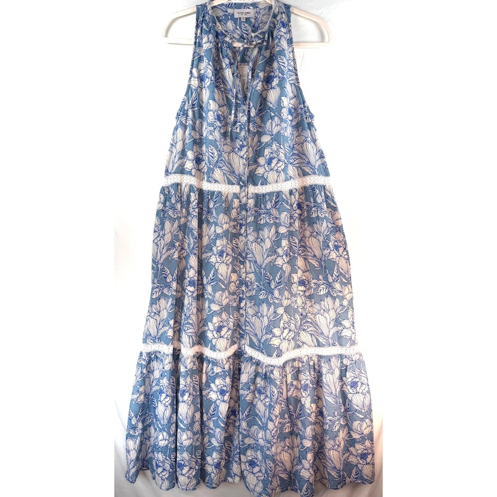 Olivia James The Label Blue White Floral Lace Trim Tiered Maxi Dress Small